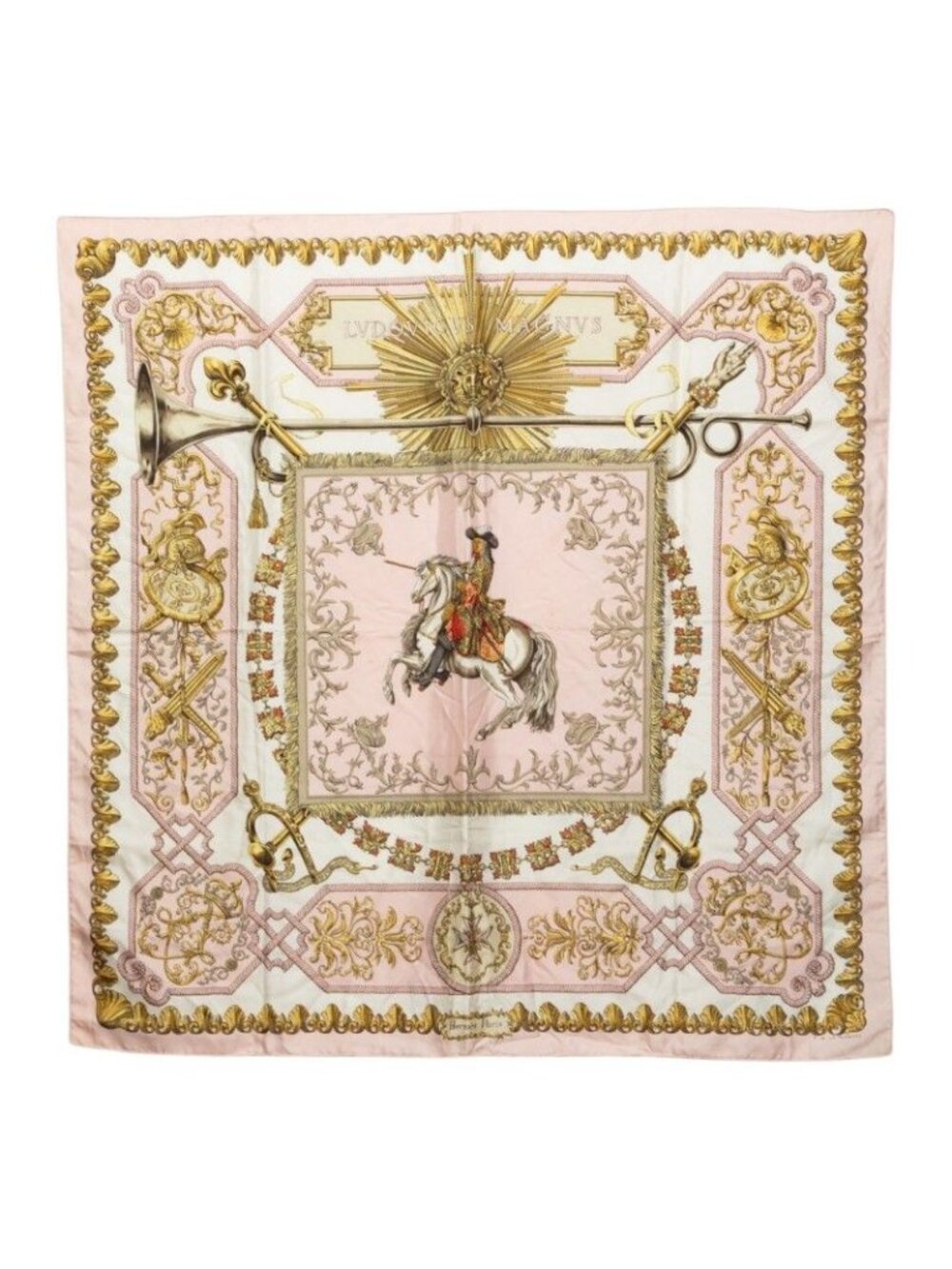 Hermes Carre 90 LV Dovicvs Magnvs White Louis 14 on Horseback Scarf Pink